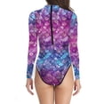 thumbnail image 2 of Alvivi Women's Mermaid Swimsuit Tummy Control Bathing Suit Long Sleeve One Piece Rash Guard Swimwear Blue&Purple S, 2 of 3