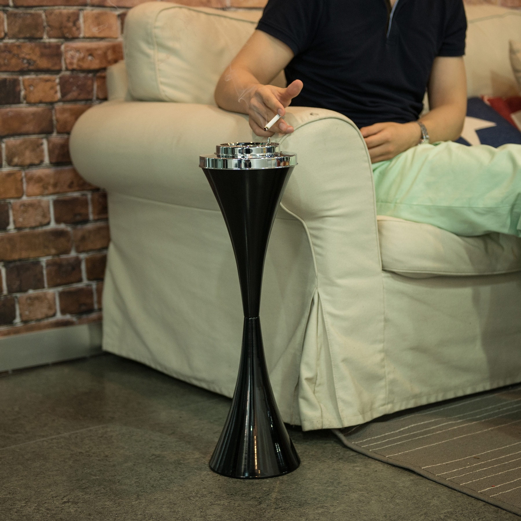 Preenex Black Stainless Steel Floor Standing Ashtray Receptacle with Lid Contemporary Retro Self-Cleaning Outdoor