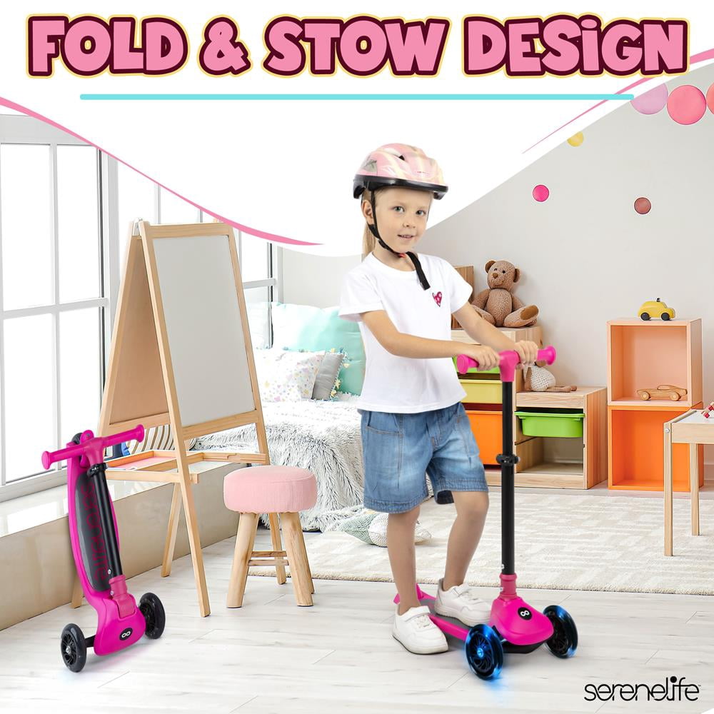 3-Wheel Foldable Kids Scooter - Child Toy Scooter with Built-in LED Wheel Lights, and Easy Maneuvering Lean-to-Steer Technology (Pink)