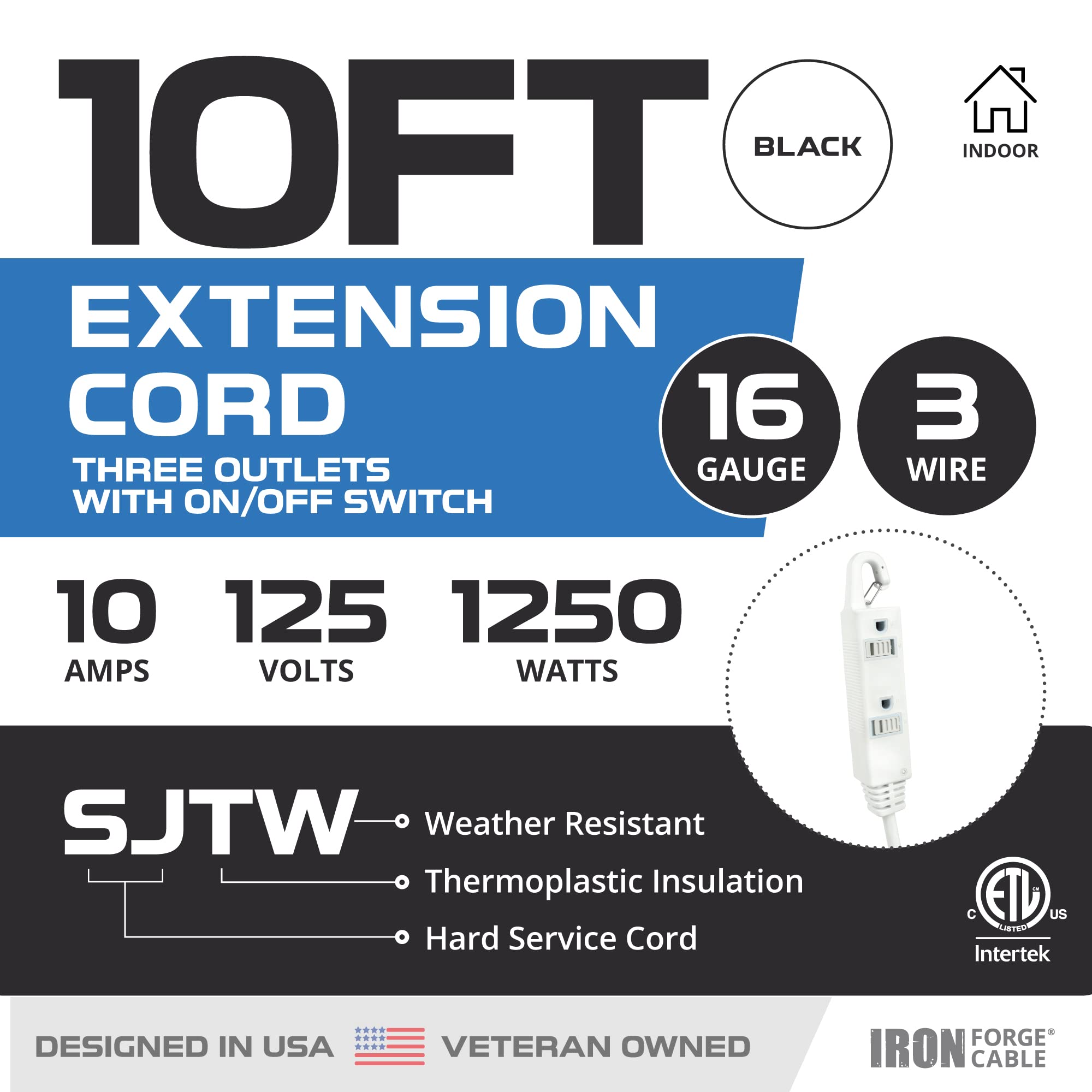 Iron Forge Cable 10 Ft 3 Outlets Black Extension Cord with Inline Switch On/Off, 16/3 SJTW 3 Prong with Hook for Hanging -10 AMP Cord - ETL Listed