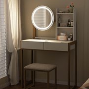 Small Vanity Desk with Mirror and Lights, Makeup Vanity Table with LED Mirror, 3 Lighting Modes, Power Outlet, Drawer, Open Shelves and Cushioned Stool for Bedroom (White and Gold)