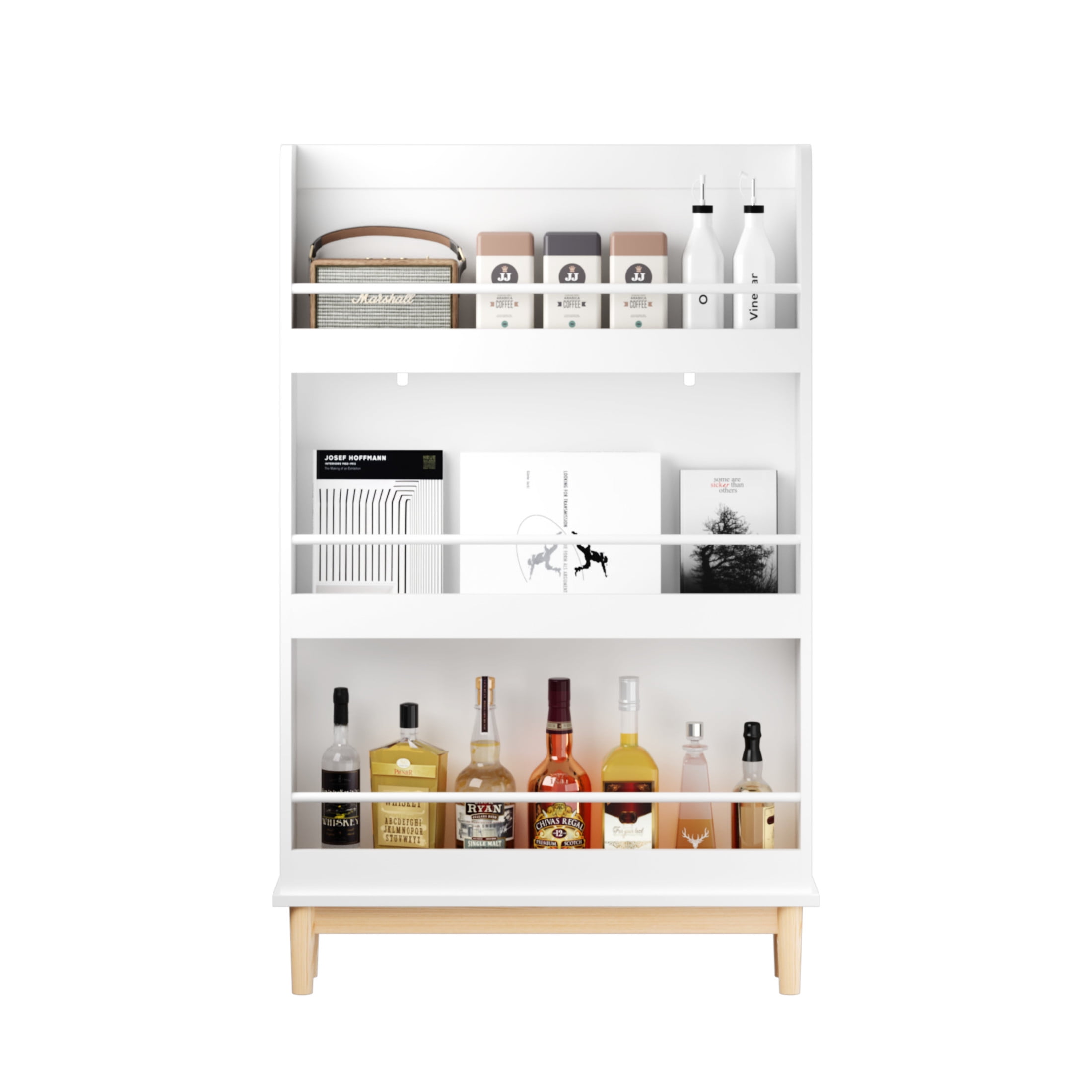 Noble House Wall-Mounted Kids Bookshelf with 3 Front-Facing Display Shelves, Book Rack with Natural Wood Base, White