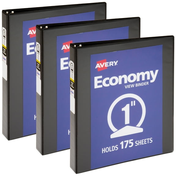 Avery Economy View 3 Ring Binder, 1 inch Round Rings, 3 Black Binders (01665)