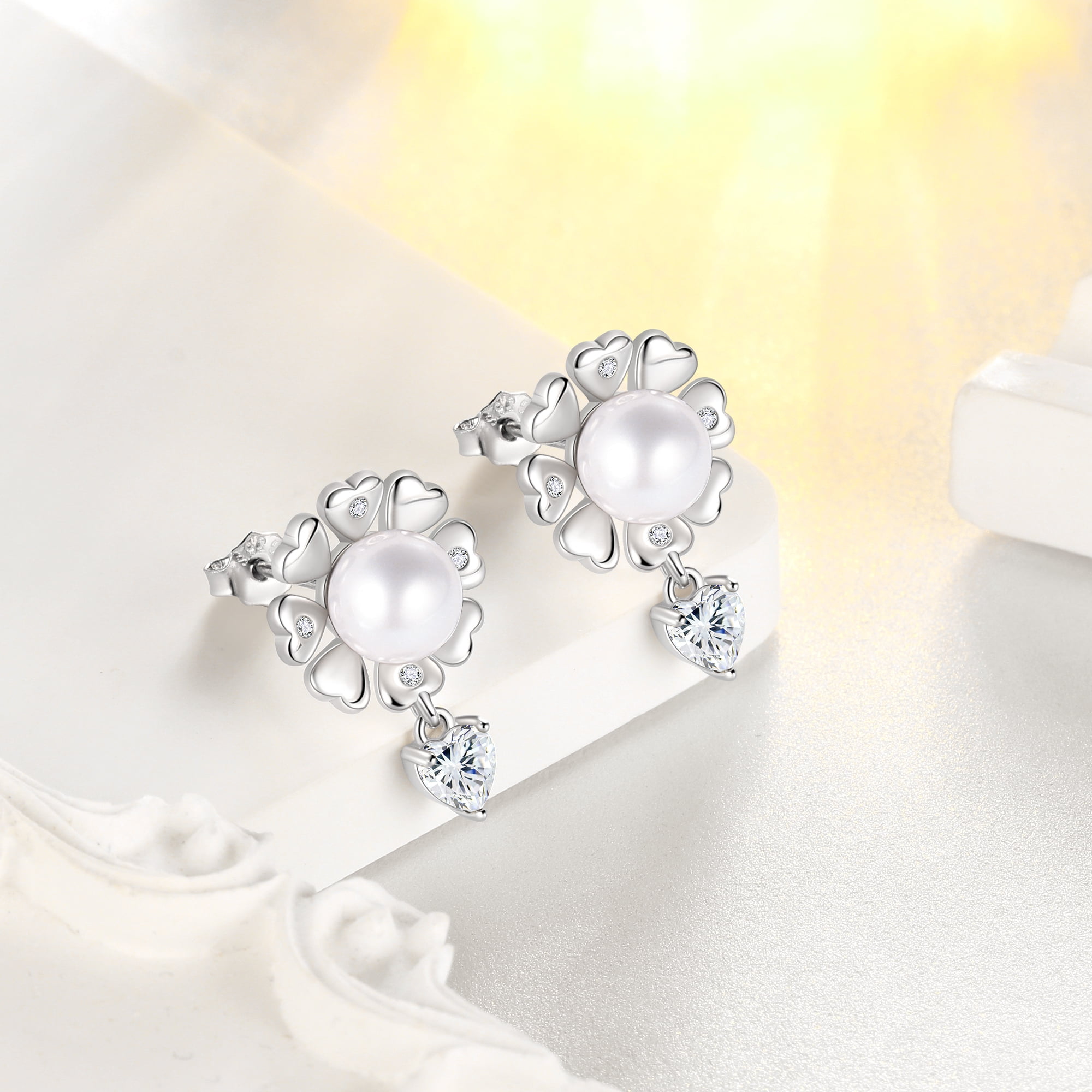 Fasjewly Flower Natural Pearl Earrings,925 Sterling Silver Heart Birthstone Stud Earrings Birthday Anniversary Christmas Jewelry Gifts for Women / Wife / Lovers