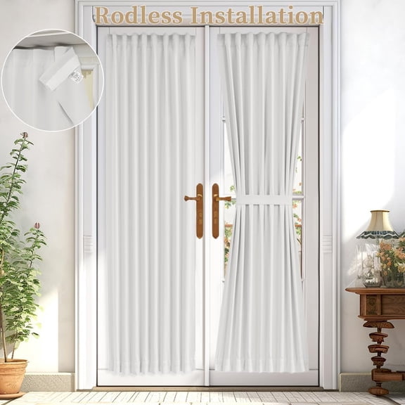 Self-Adhesive French Door Curtains - Rodless No Drill Light Filtering Window Treatment for Sliding Glass Doors, 1 Panel, W25 x L72, Greyish White