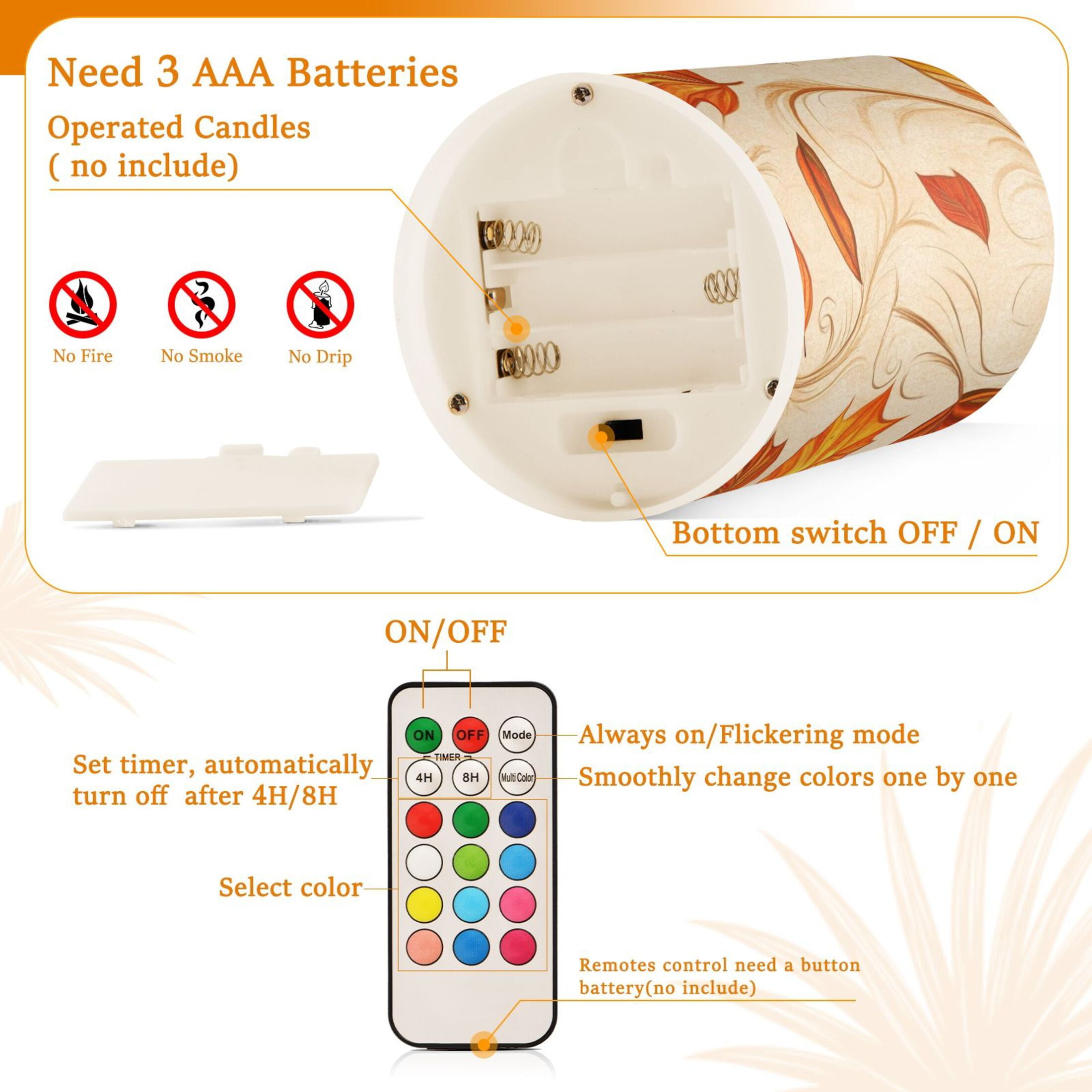 Autumn Orange Leaves Flickering Flameless Candles Battery Operated with Remote Timer LED Pillar Candles Set of 2