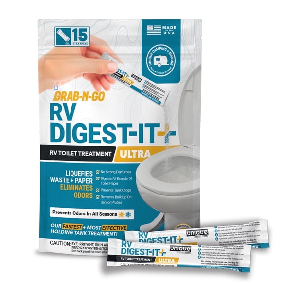 Unique RV Digest-It Ultra RV Toilet Treatment Stick Pack, 15 Count, Extra-Strength , No-Mess, Pre-Measured, Grab-and-Go Bio-Enzymatic Black Tank Treatment, Eliminates Smells and Prevents Clogs