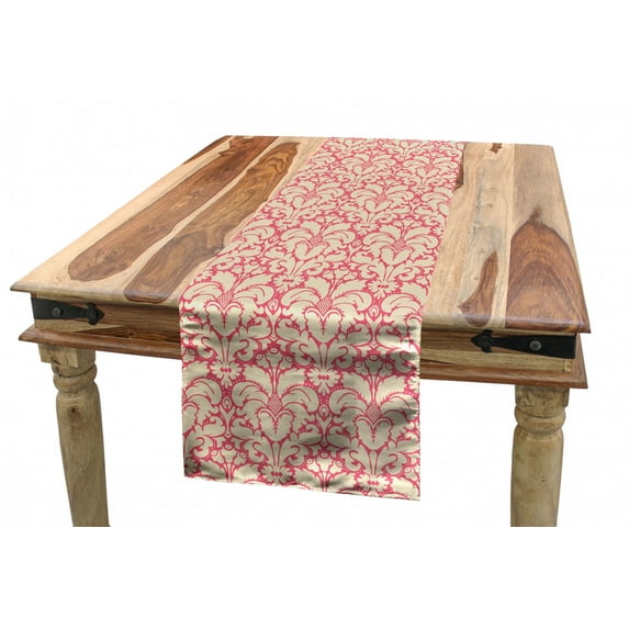 Damask Table Runner, Monochrome Antique Nostalgic Flower Leaves Baroque Rhythmic Pattern, Dining Room Kitchen Rectangular Runner, 3 Sizes, by Ambesonne