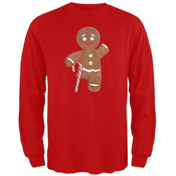 Ginger Bread Man With Candy Cane Crutch Red Adult Long Sleeve T-Shirt - X-Large
