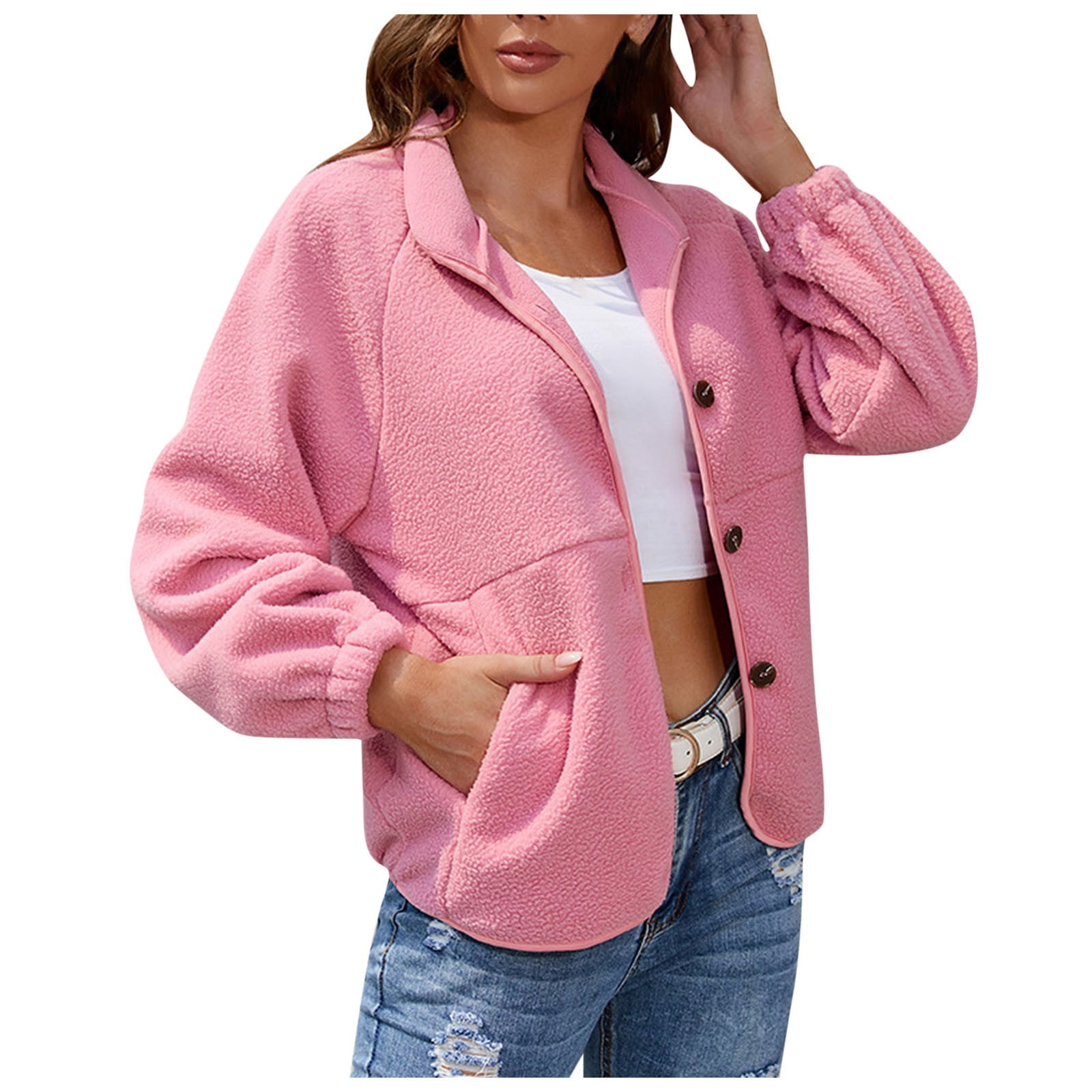 Women's Short Sherpa Fleece Coat Casual Lapel Button Down Shirt Jacket