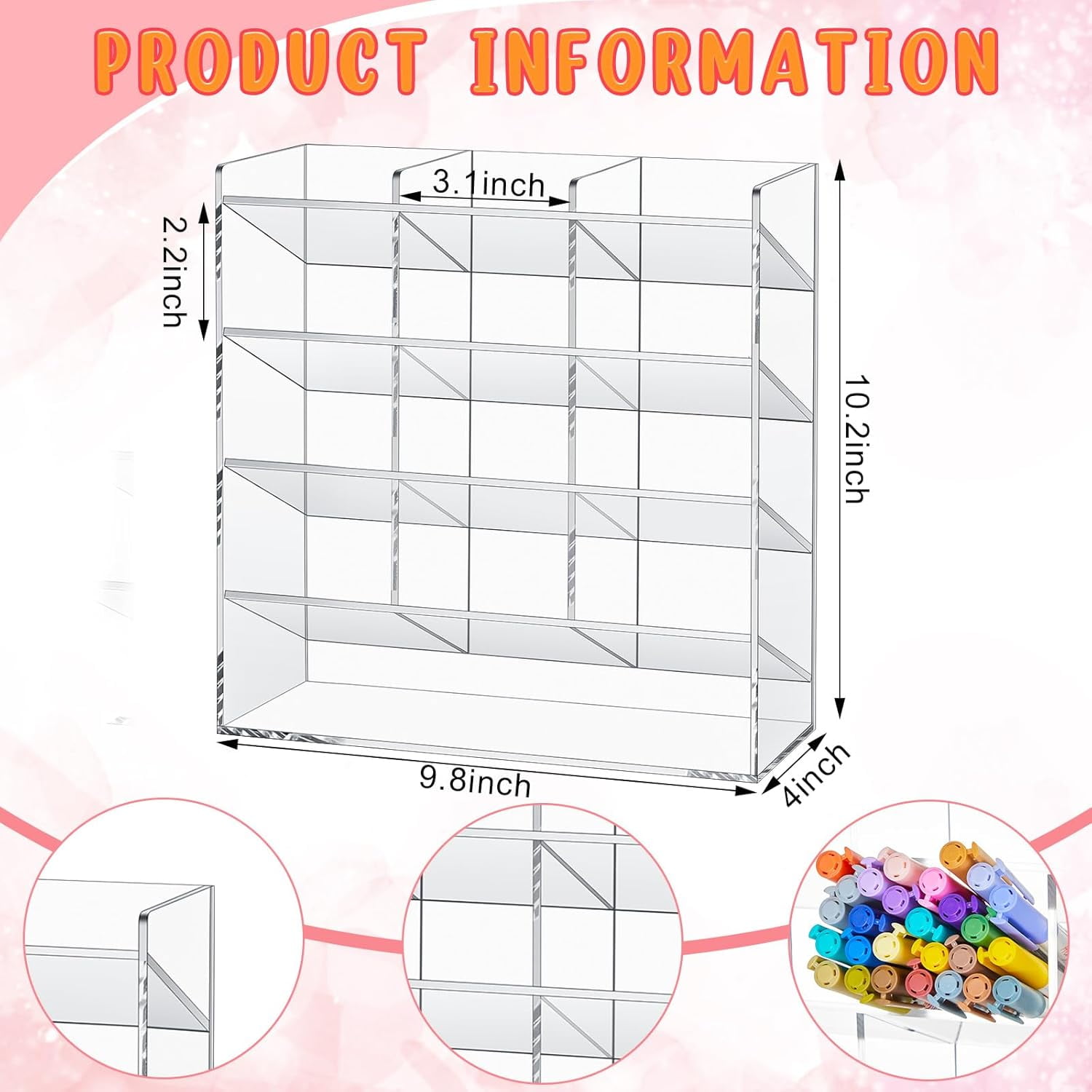 Acrylic Pen Organizer Storage Vertical Marker Organizer Acrylic Pen Display Holder for Office Desk Desktop Stationery Pencil Storage(Clear,10.2 x 4 x 9.8 Inch)