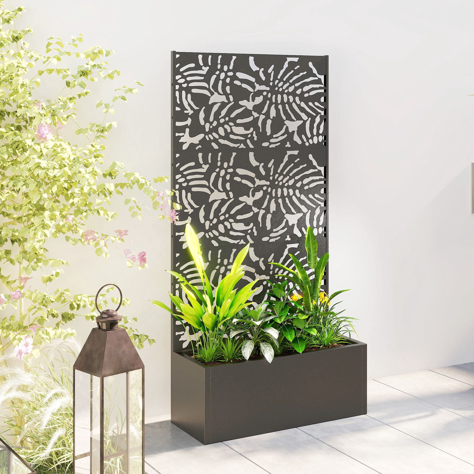 Alvantor Metal Privacy Screen with Planter Box,Freestanding Decorative Privacy Fence Screen with Trellis for Outdoor Gray