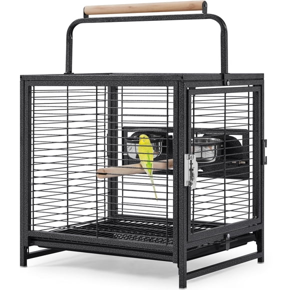 Small Bird Travel Cage - Portable Black Aviary with Tray & Perch Handle (No.19, 16"L) for Parakeets/Cockatiels/Budgies
