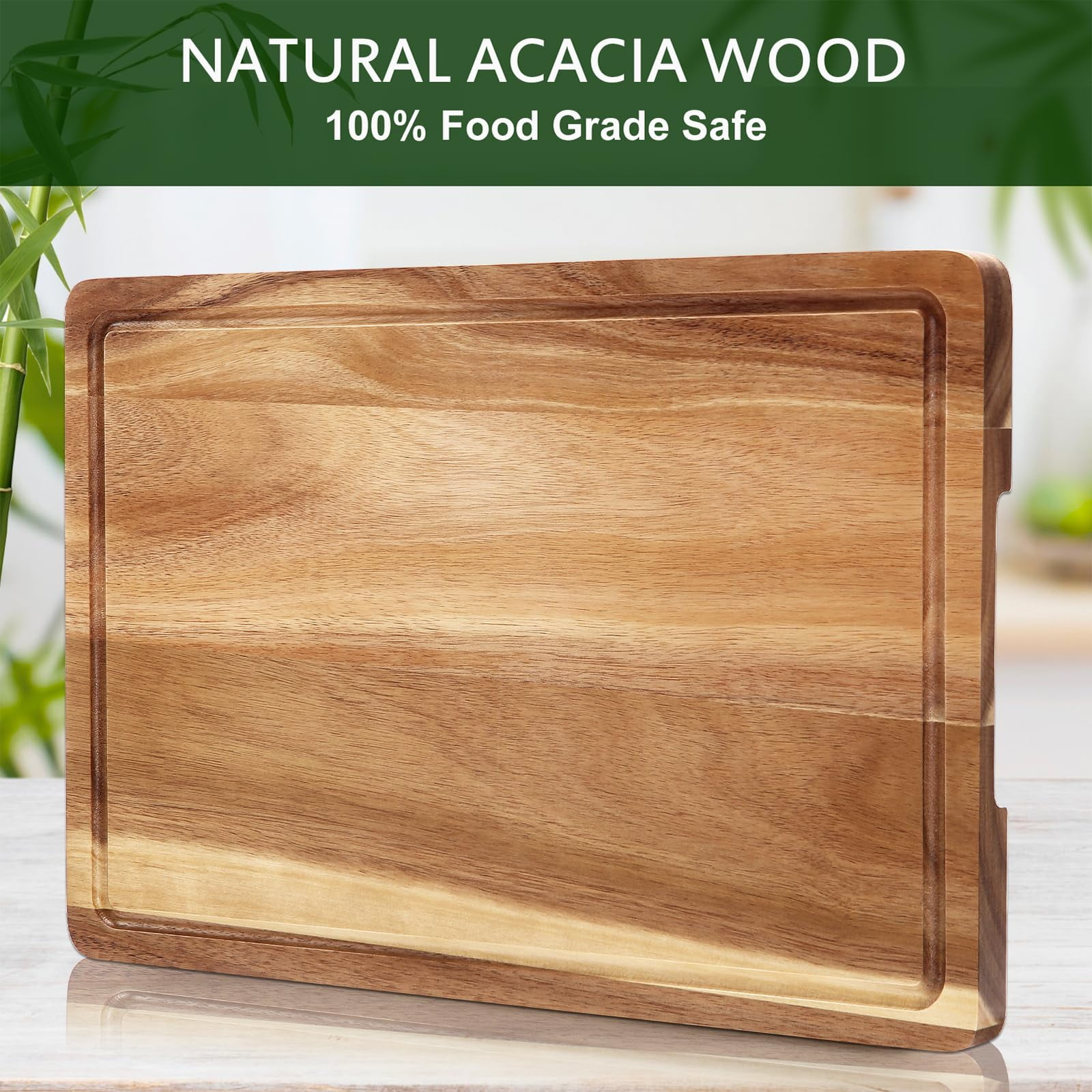 18'' x 12'' Acacia Wood Cutting Board, 1'' Thick Chopping Board with Deep Juice Groove and Back Inner Handles, Kitchen Butcher Block Cutting Board for Meat, Vegetables and Fruit