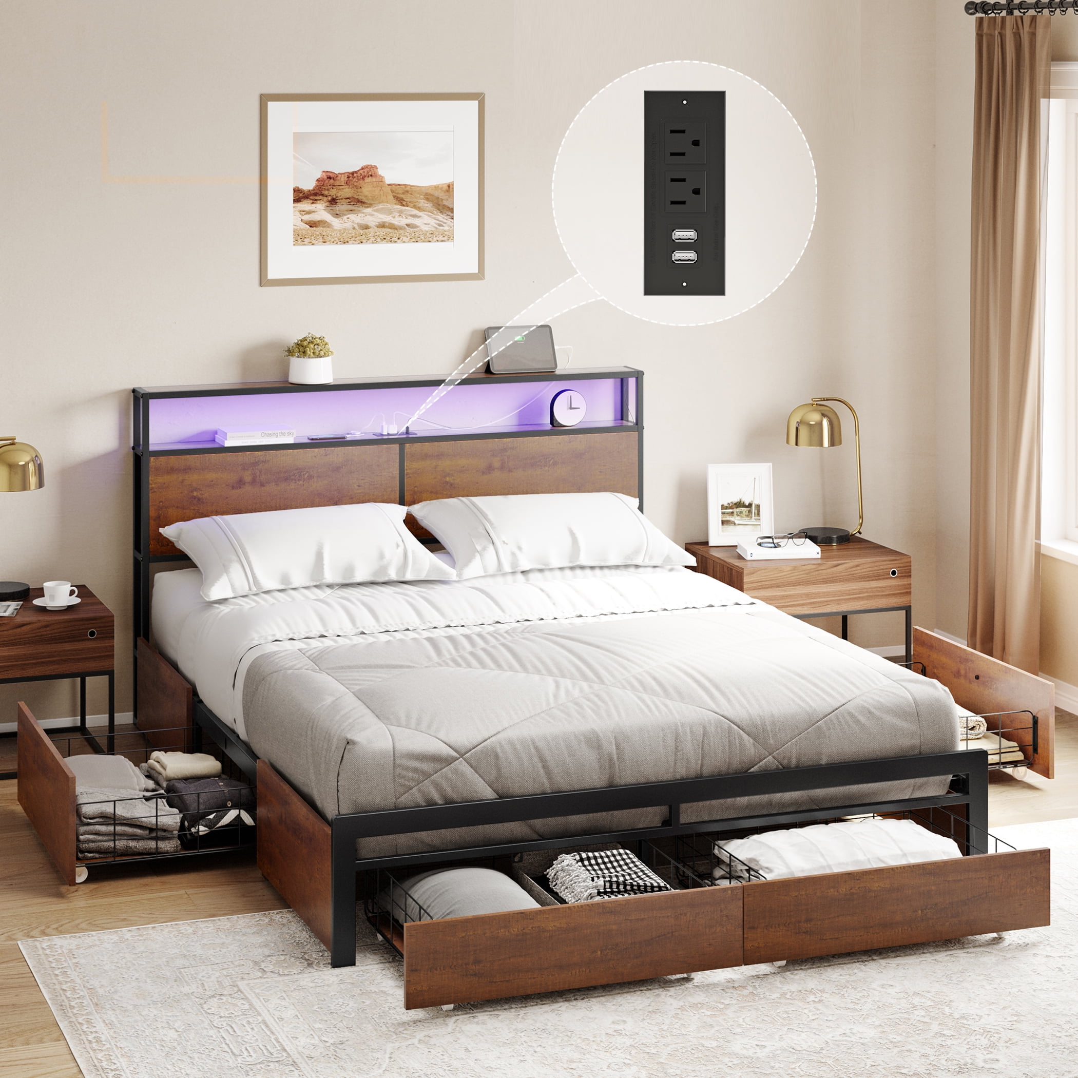 HAUSOURCE Full Size Bed Frame with Headboard and 4 Storage Drawers LED