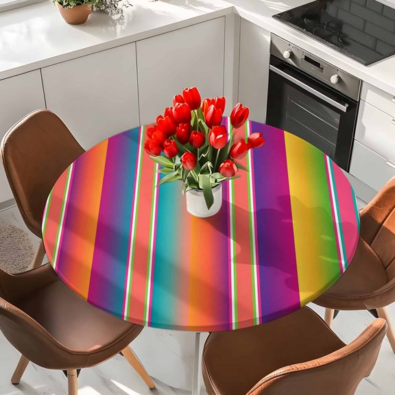 Orange Green Vertical Stripes Elastic Fitted Round Tablecloth Modern Abstract Line Waterproof Outdoor Table Cover for Holiday Party, Picnic, Patio & Dining Fits Tables Up to 55"-60"