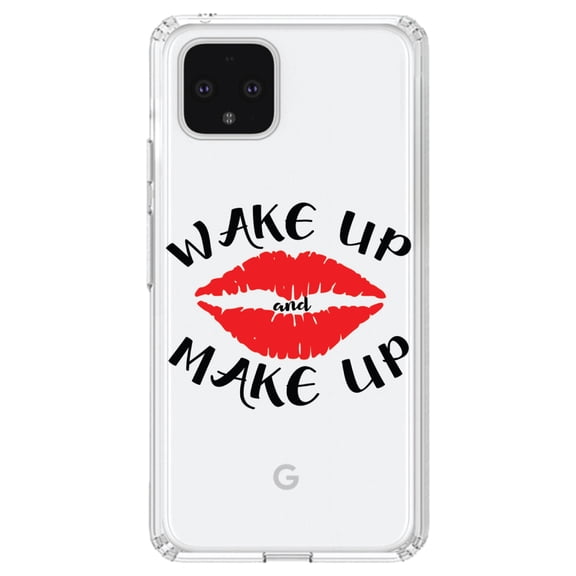 DistinctInk Clear Shockproof Hybrid Case for Google Pixel 4 (6.1" Screen) - TPU Bumper Acrylic Back Tempered Glass Screen Protector - Wake Up and Make Up