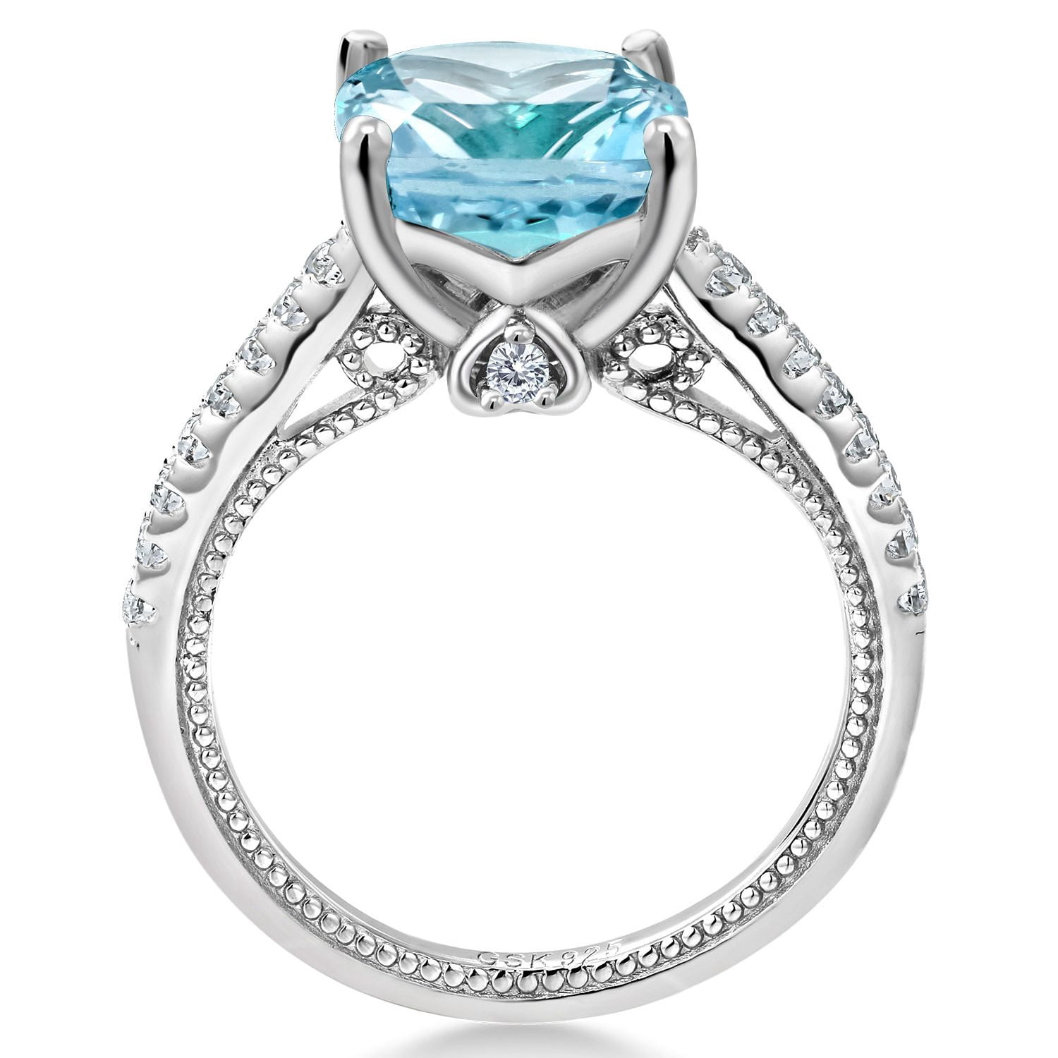 Gem Stone King 4.52 Cttw Sky Blue Topaz and White Created Sapphire Engagement Ring for Women | 925 Sterling Silver | Cushion 10MM | Wedding Engagement Anniversary Promise Ring for Women| Size 9