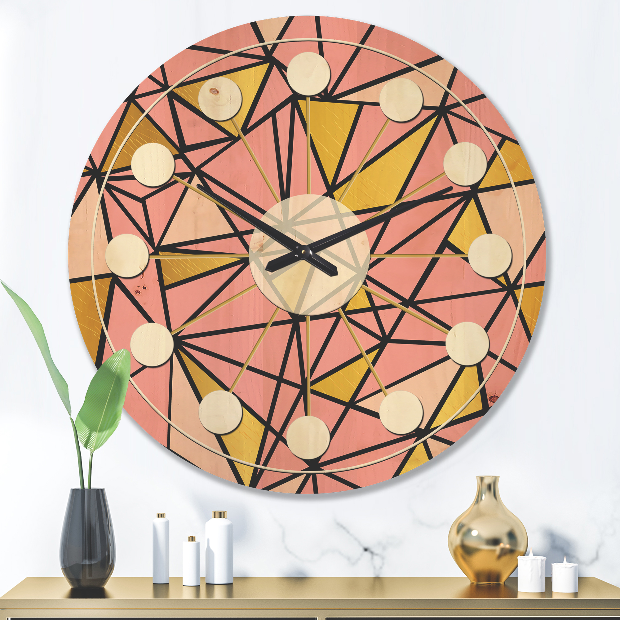 Designart 'Triangular Gold Design Retro II' Mid-Century Modern Wood Wall Clock
