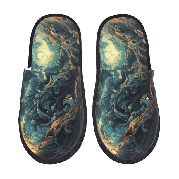 Balery Enchanted Forest Skull Path Pantuflas de Casa de Felpa Silenciosas con Diseño Estampado, Zapatillas Cómodas Antideslizantes de Algodón para Interior-Medium