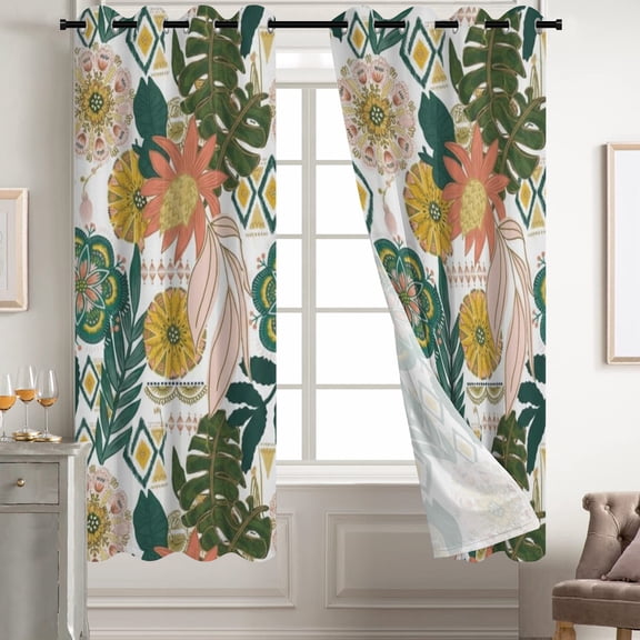 Boho Floral Blackout Curtains for Bedroom 2 Panels Mid Century Botanical Black Out Curtains for Living Room Grommet Thermal Insulated Room Darkening Window Drapes
