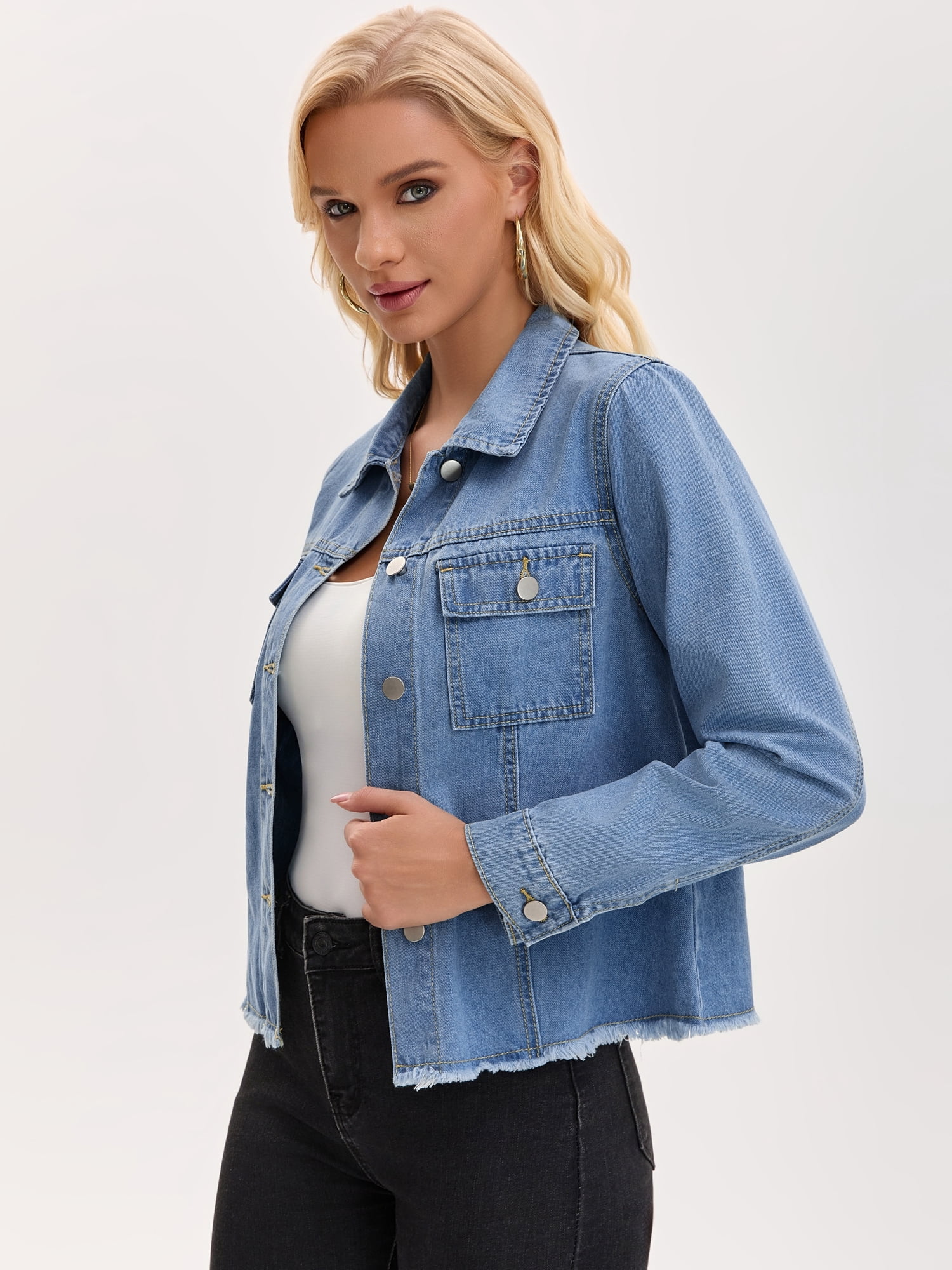 DARING DIVA Women's Long Sleeve Lightweight Frayed Hem Jean Shacket S Blue