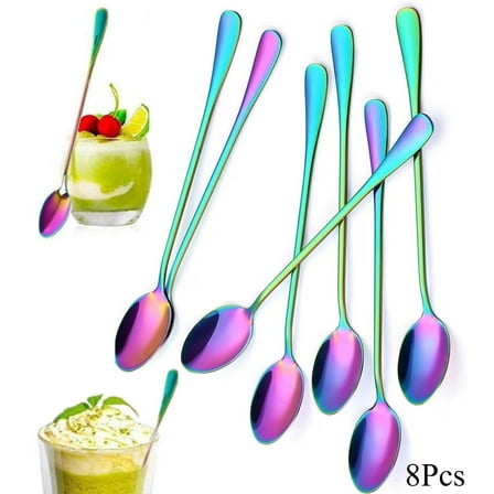 Colorful Plated Spoons, Pack of 8 Long Handle Stainless Steel Spoons for Stirring Coffee, Tea, Cocktails & Milkshakes, Iced Beverage Spoons