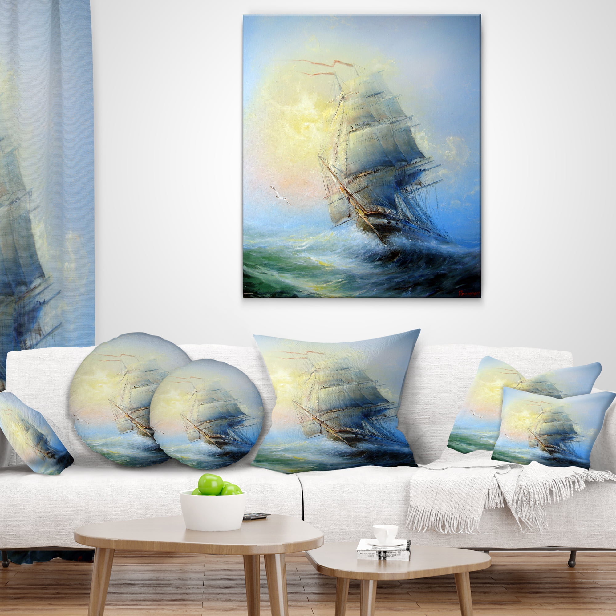 Designart Large Sailing Boat - Seascape Throw Pillow - 12x20
