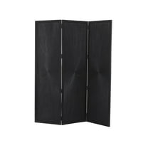 DecMode 59" x 70" Black Mango Wood Foldable Partition 3 Panel Room Divider Screen with Carved Design, 1-Piece