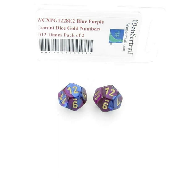 Blue and Purple Gemini Dice with Gold Numbers D12 Aprox 16mm (5/8in) Pack of 2 Wondertrail