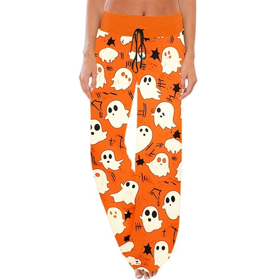 Fiaer Womens Halloween Pajamas Pants Pumpkins Sleepwear Trousers Cute Soft Loose Fit Trendy High Waist Pjs Slacks Beige M