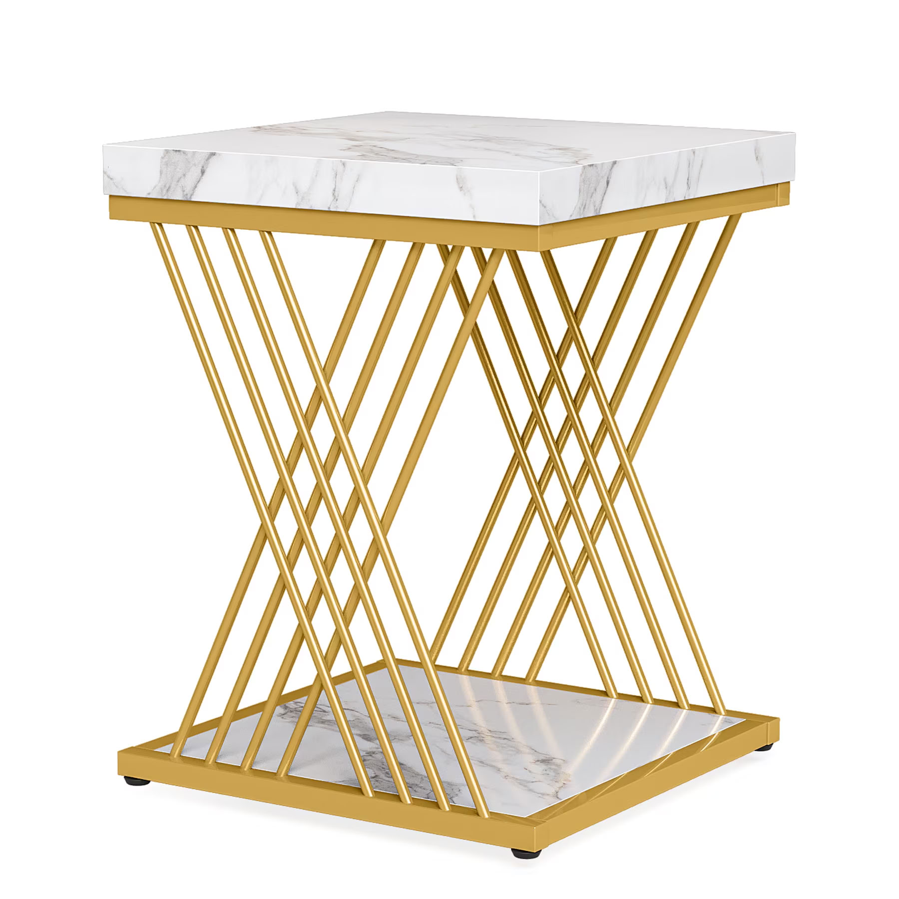 MAYEERTY 2-Tier Square End Table, Modern Gold Metal Side Table with Faux Marble Top, for Living Room, Bedroom