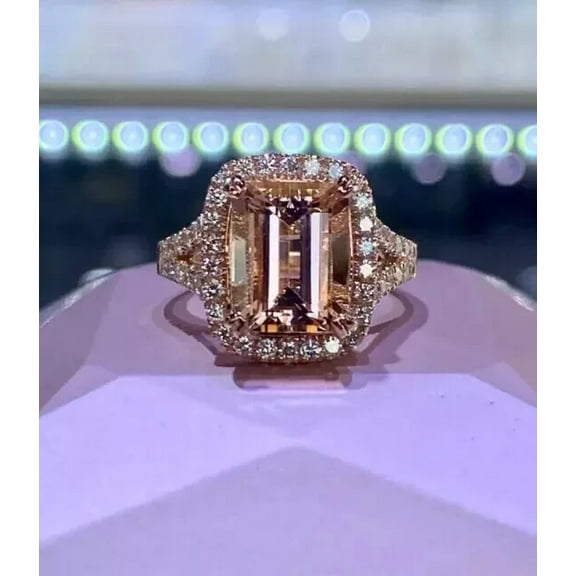 Lab Created Morganite 3Ct Emerald Cut Halo Engagement Ring 14k Rose Gold Plated