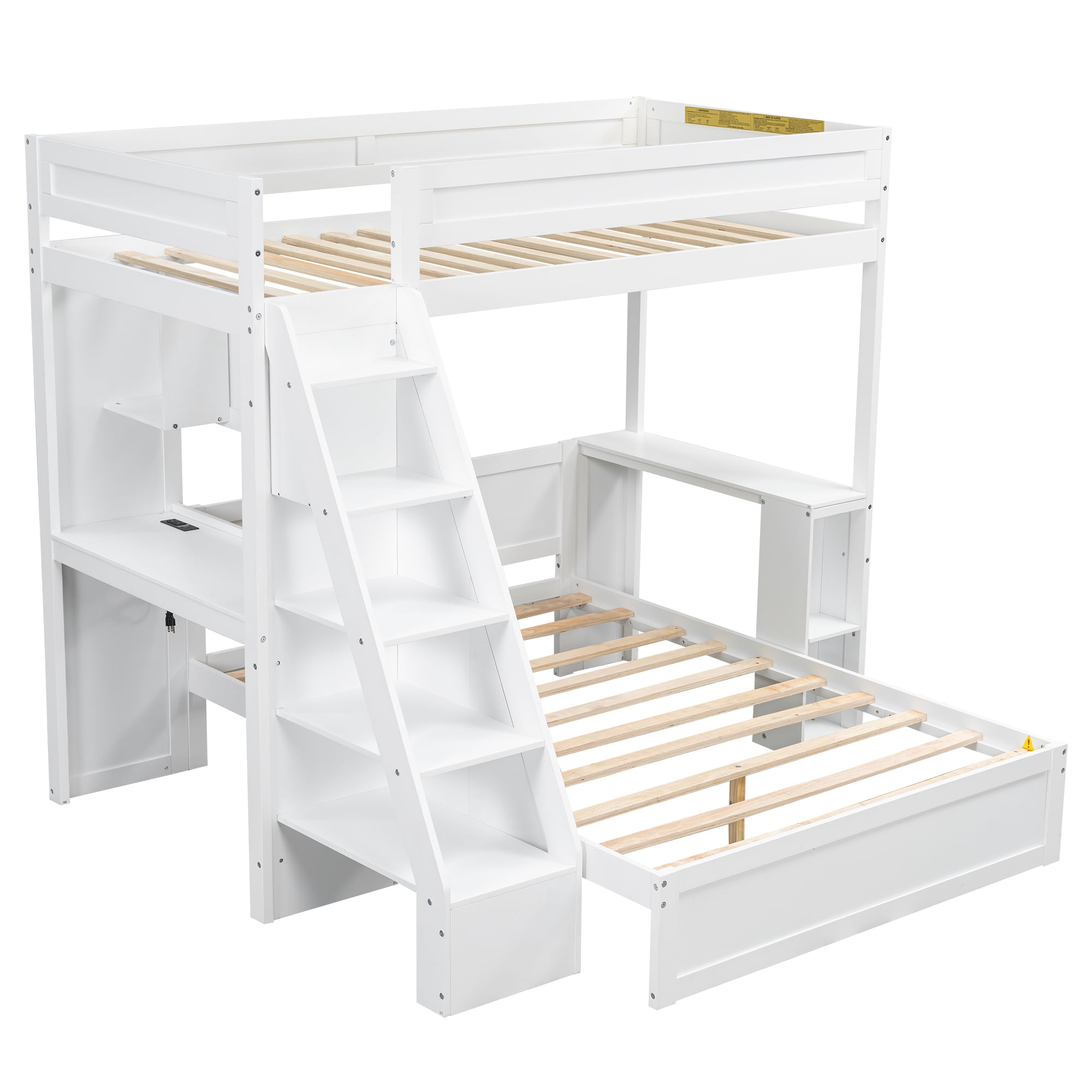 Euroco Wood Twin XL over Full Bunk Bed with Desk, Storage Bed with Shelves and USB Ports, White