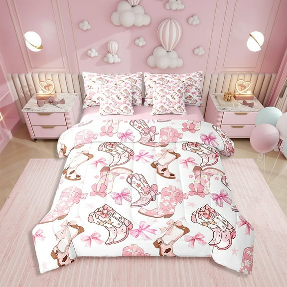 Erosebridal Cowgirl Comforter Set with Sheets Western Cowboy Boots Bed in a Bag Pink Bowknots 7 Piece Bedding Set Twin Size Soft Dreamy Fairy Princess Bow Bed Set