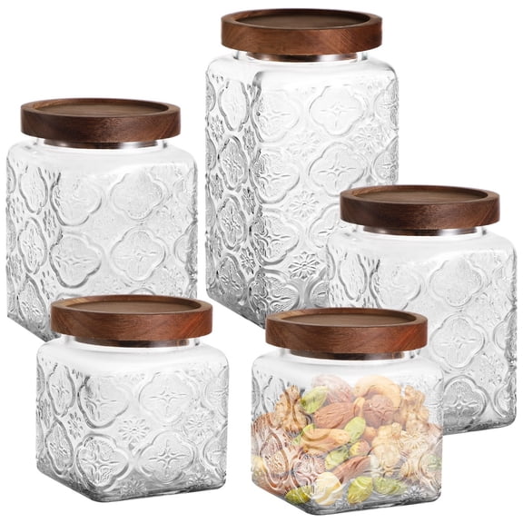 5Pcs 17oz 24 oz 34oz Vintage Glass Canisters, Retro Kitchen Canisters with Airtight Lids, Food Storage Containers, Pantry Jar for Coffee Bean, Tea, Spices