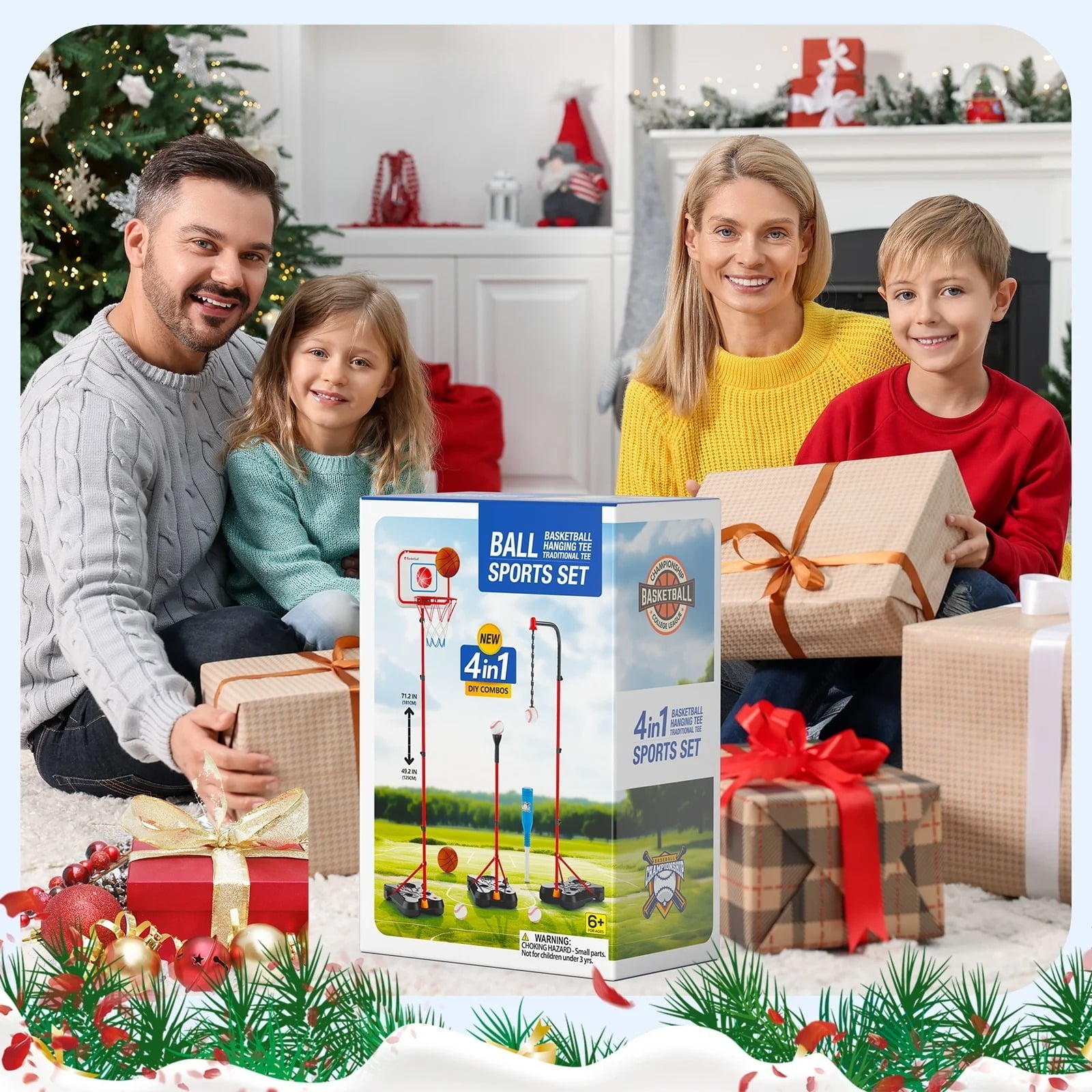 UQN 3 In 1 Kids/Toddlers Basketball Hoop,Baseball&T-Ball Sets for Kids 3-5,Adjustable Height, Indoor/Outdoor Sports Toys Gifts for Boys Girls Ages 2 3 4 5 6 7 8 Years Old, Christmas Birthday Gift.