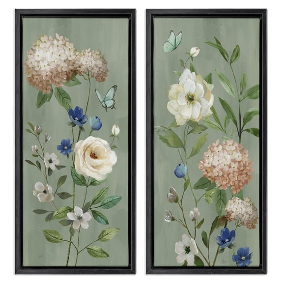 Stupell Industries Mint Hydrangeas & Roses 2 Piece Black Framed Floater Canvas Set, design by Nan