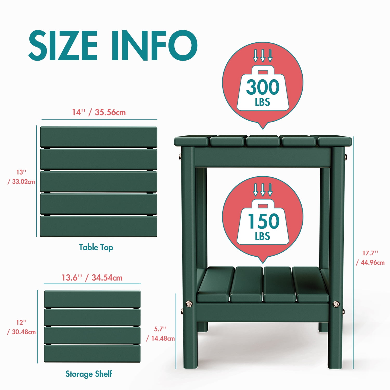Hidpriva Set of 2 Adirondack Outdoor Side Table, 2-Tier HDPE Weather Resistant Patio End Table, Dark Green