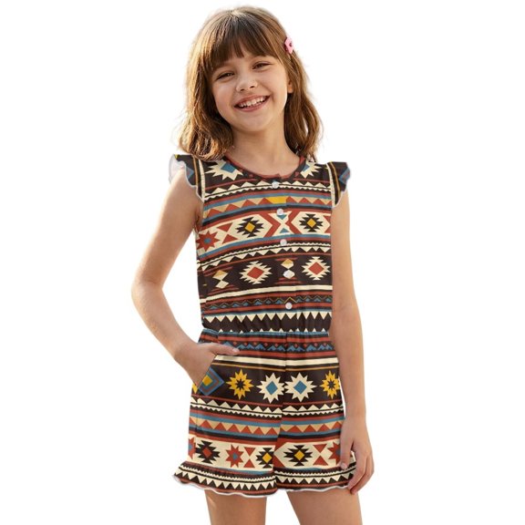 ZIATUBLES Aztec Geometric Print Girls Summer Romper Ruffle Cap Sleeves One-Piece Short Jumpsuit Soft Comfort Kids Casual Playsuit with Pockets for 5-6 Y
