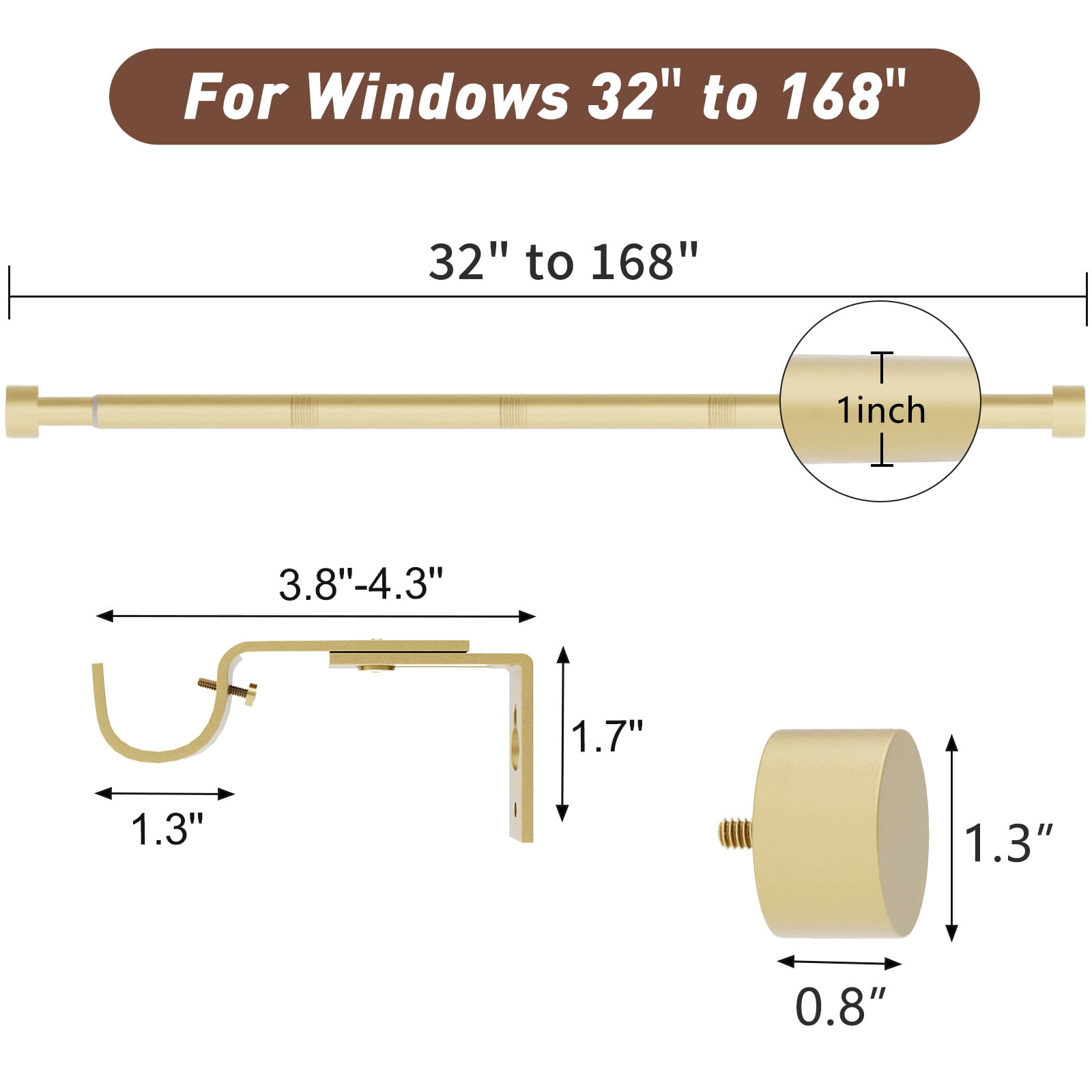 32"-168" Curtain Rods,1 inch Diameter Single Curtain Rod Set,Heavy Duty Curtain Rods with Aluminium Finials,Gold
