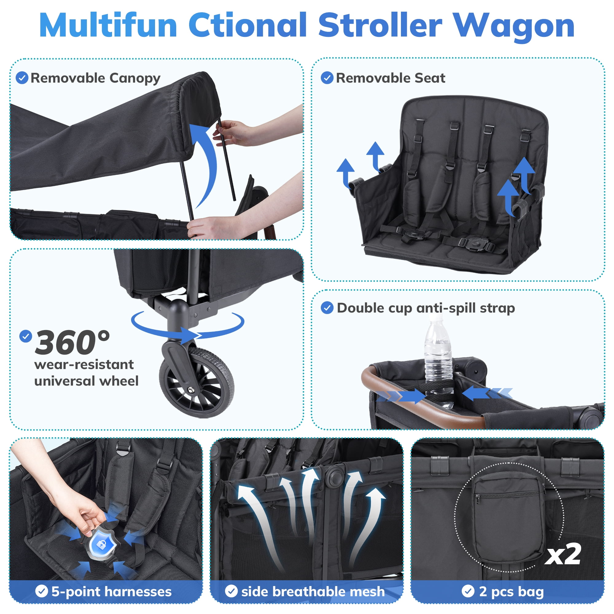 SACVON 4-in-1 Baby Stroller Wagon, 4-Seat Convertible Wagon for Kids with Removable Canopy, Cooler Bag, Adjustable Handle, for Outdoor Camping & Travel, Black