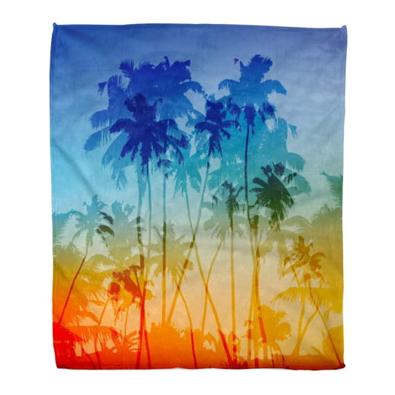 ASHLEIGH Flannel Throw Blanket Rasta Blue Tropic Palms Silhouettes Tropical Sunset Colorful Summer Soft for Bed Sofa and Couch 50x60 Inches