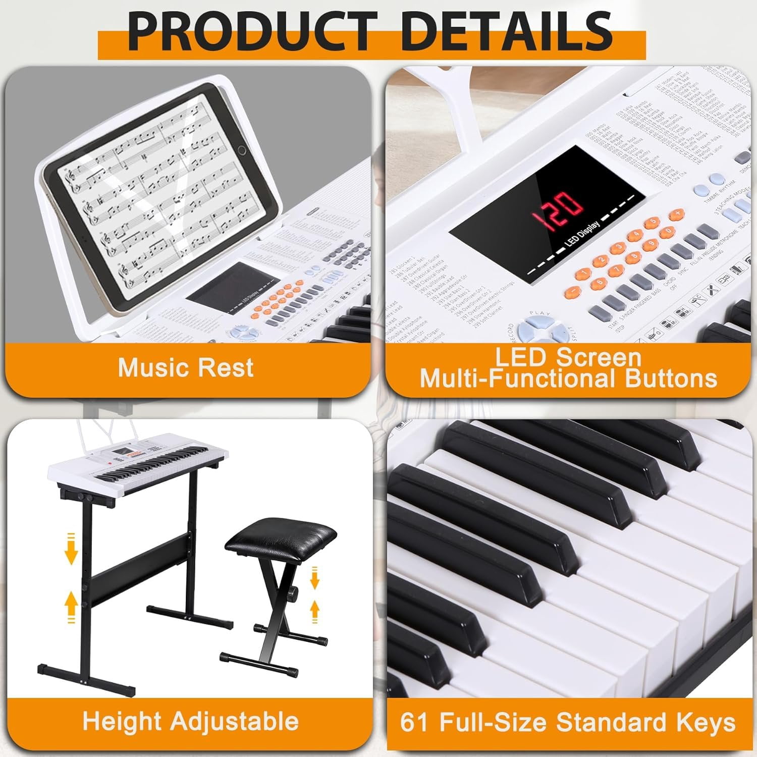 61-Key Portable Electric Keyboard Piano with Built In Speakers, LED Screen, Headphones, Microphone, Piano Stand,  Sheet Stand and Stool (White)
