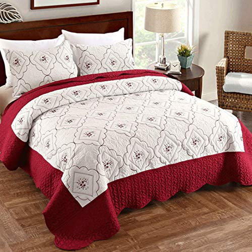 Oliven Quilts King Size,Reversible Bedspreads King,Embroidered Coverlet Set Burgundy&White,3 
