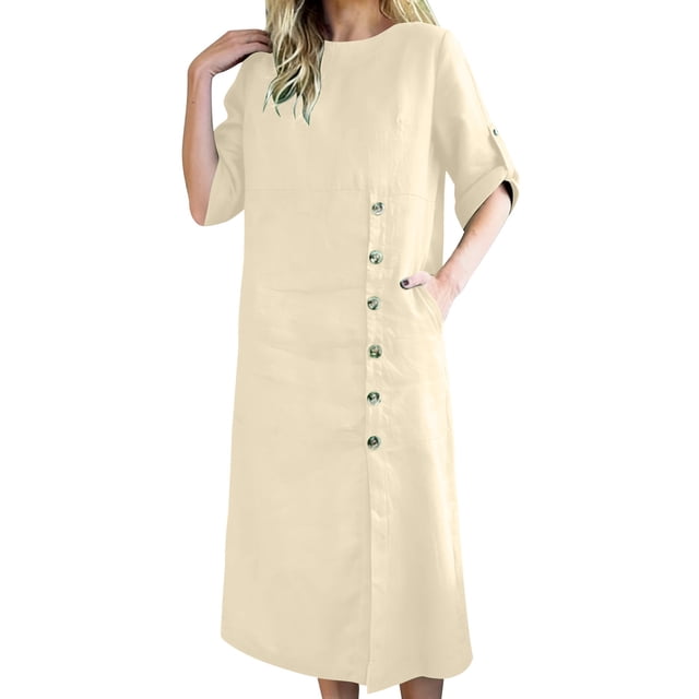 XiYing Robes d'Été pour Femmes, Robe Midi Unie à Boutons devant pour Femmes pour le Printemps et l'Été, Col Rond à Manches Longues avec Poches, Robe Décontractée Fluide Longueur Genou, S-TTG,
