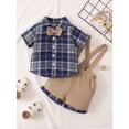 thumbnail image 3 of Baby Boys Dress Clothes, Plaid Print Short Sleeve Lapel Shirt with Bowtie and Suspender Short Set, Baby Boy Formal Set Summer Outfit, 3 of 8