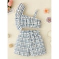 thumbnail image 3 of Seyurigaoka 2 Pcs Kid Girl Pants Suit, Sleeveless Off Shoulder Neck Plaid Print Vest Tops Summer Spring Bow Shorts, 3 of 9