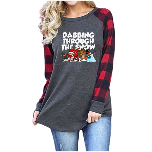 Camisas Navideñas A Cuadros Para Mujer, Manga Larga Con Estampado A Cuadros, Costura, Manga Larga, Cuello Redondo, Camiseta de Béisbol Raglán Odeerbi ODB208157