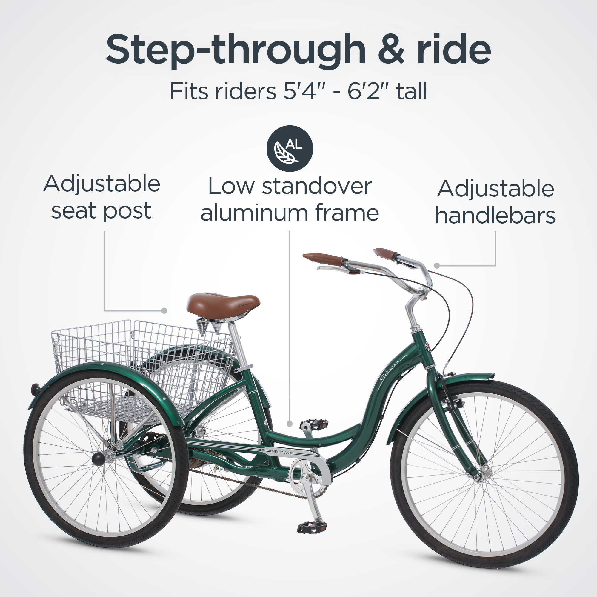 Schwinn Meridian Adult Tricycle, 26 Inch Wheels, Single Speed, Green